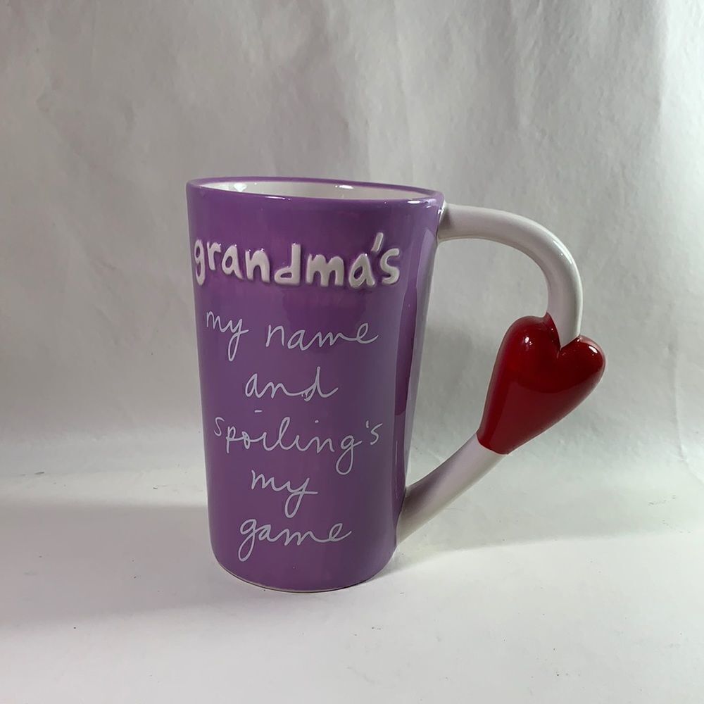 Grandma’s My Name Heart ❤️ Handle Coffee Mug Spoiling’s My Game 18 Oz Purple Red